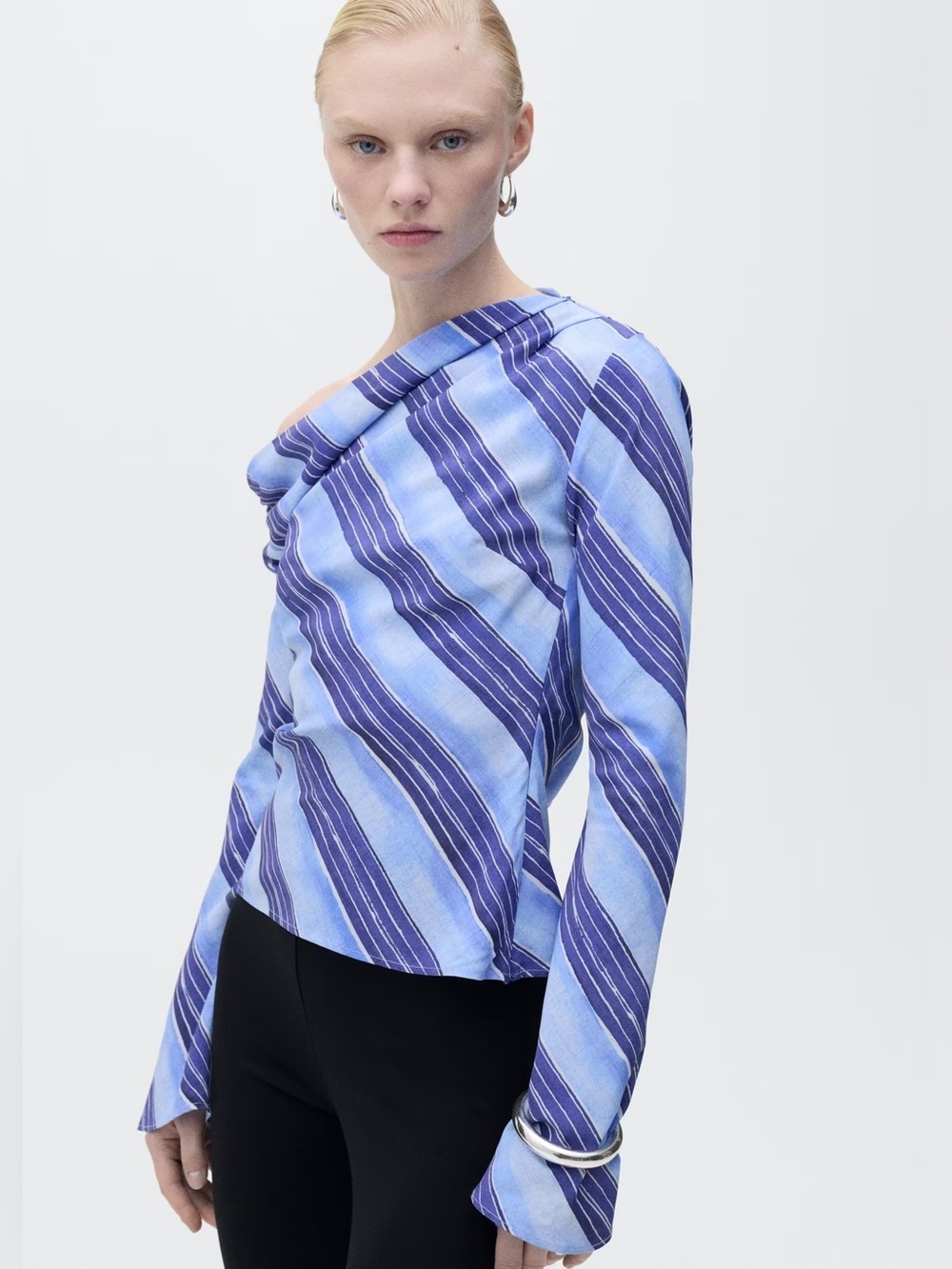 Mango Sky blue asymmetrical striped blouse NWT